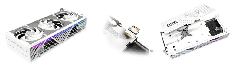 PhantomLink motherboard interface showing GPU connector detail and backplate design with triple fan graphics card