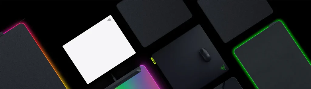 Razer Atlas Pro mouse mat shown in multiple variants and layouts with RGB edge lighting options