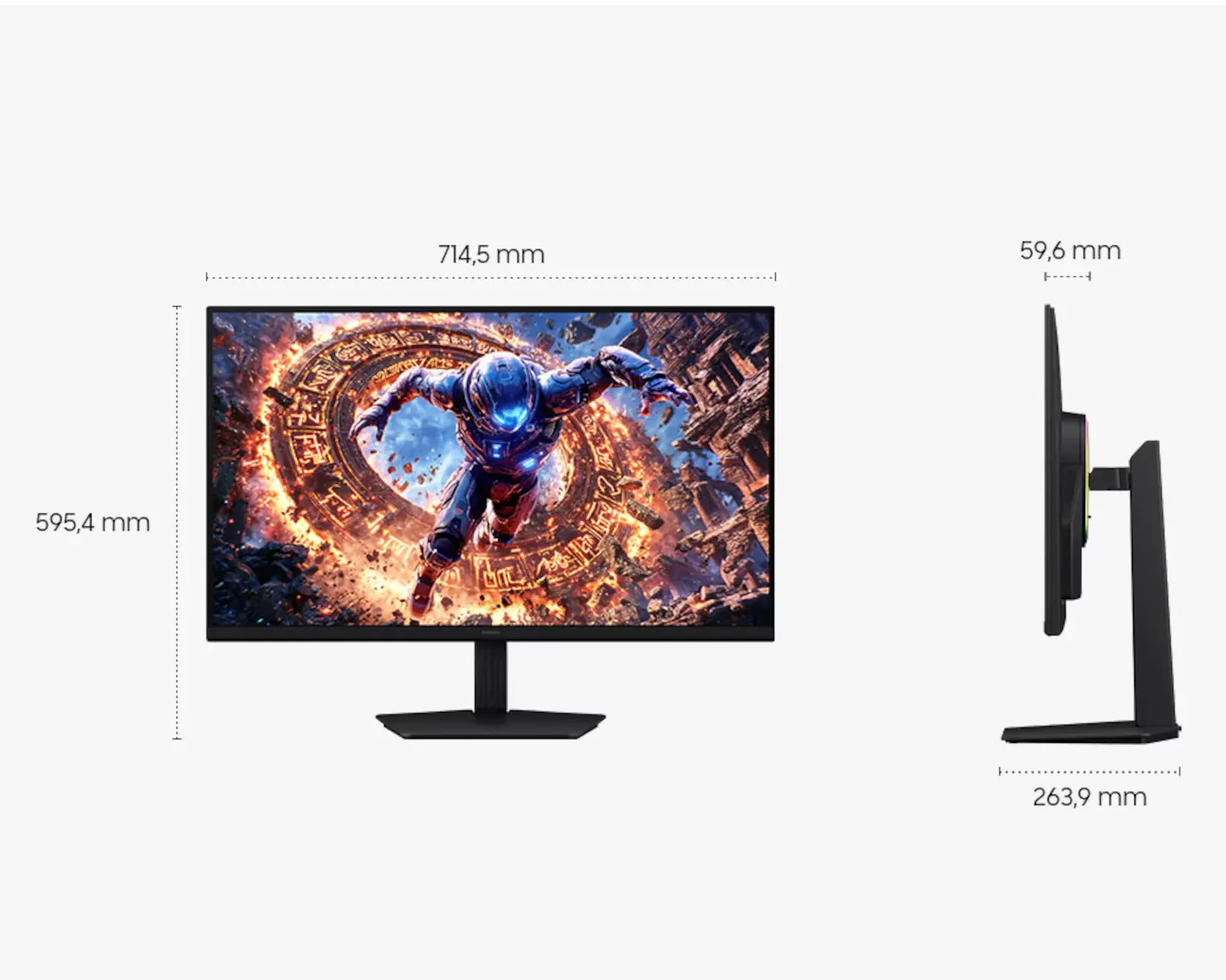 Samsung Odyssey G80HS monitor front and side view showing physical dimensions including 714.5 mm width, 595.4 mm height, and stand depth with slim panel profile