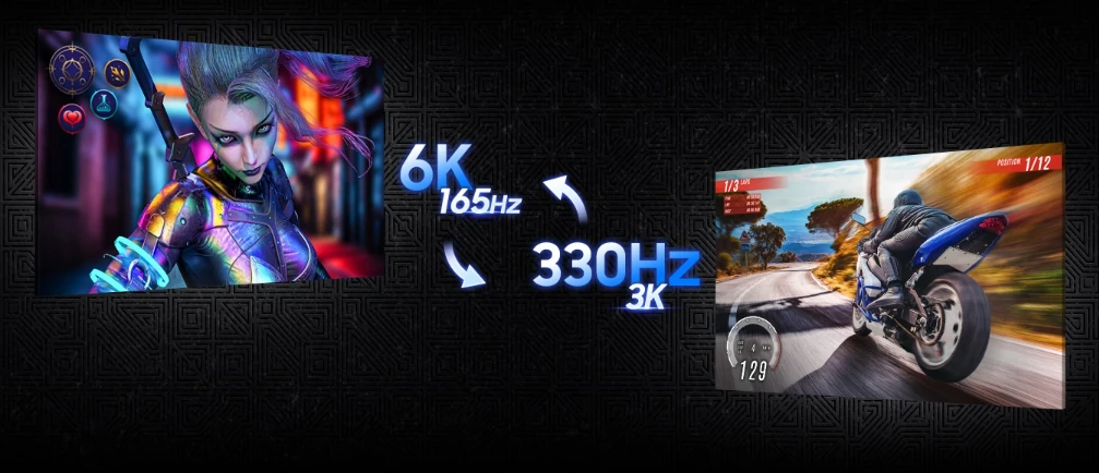 Samsung Odyssey G80HS display showcasing dual mode feature with 6K resolution at 165Hz and 3K resolution at 330Hz for flexible gaming and productivity usage