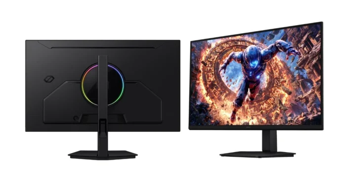 Samsung Odyssey G80HS monitor front and rear view showing flat display panel, slim bezels, central stand, and rear RGB lighting ring design