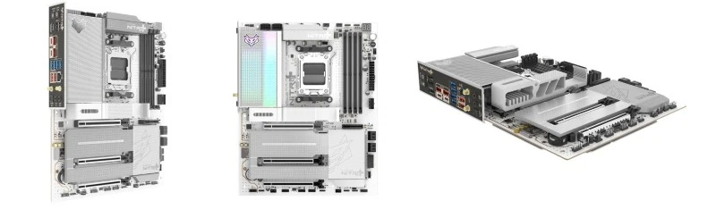 SAPPHIRE NITRO+ X870EA PhantomLink Polar Edition motherboard shown in front and angled view with heatsinks and expansion slots