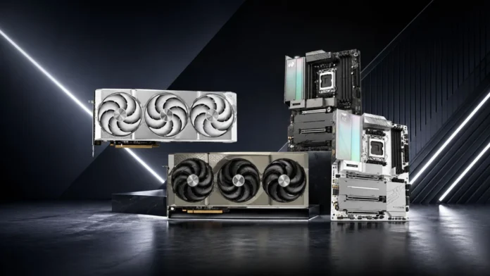 Sapphire RX 9070 XT PhantomLink graphics cards displayed with matching motherboards in cable free configuration