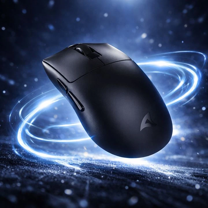 Sharkoon FIREGLIDER One black mouse close-up highlighting shape buttons and smooth surface