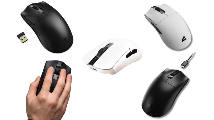 Sharkoon FIREGLIDER One mouse shown in black and white variants with different angles and usage view