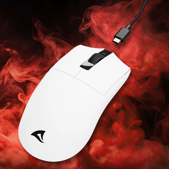 Sharkoon FIREGLIDER One white mouse connected with USB cable showing wired usage mode