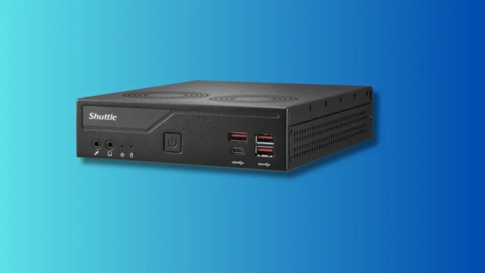 Shuttle DB860 Mini PC front panel with USB ports, audio jacks, and power button