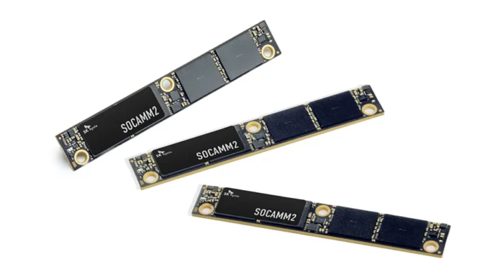 Multiple SK hynix SOCAMM2 memory modules arranged together