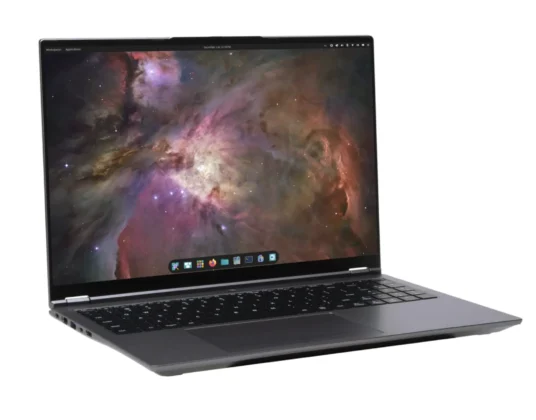 System76 Pangolin Pro laptop angled view showing large display thin bezels and keyboard