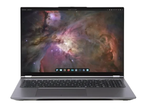 System76 Pangolin Pro front view showing large screen keyboard and Linux interface