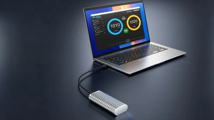 TerraMaster D1 rugged SSD enclosure connected to a laptop via USB Type C cable displaying high speed data transfer benchmark on screen