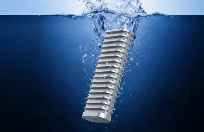 TerraMaster D1 rugged SSD enclosure submerged in water showing splash resistance and sealed aluminum body design