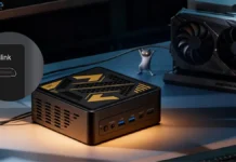 TOPC TA255 Mini PC Comes With Ryzen 7 H 255, MCIO x8 Port With 128Gbps Bandwidth TOPC TA255 Mini PC on desk connected via OCuLink with external GPU and front I O ports visible