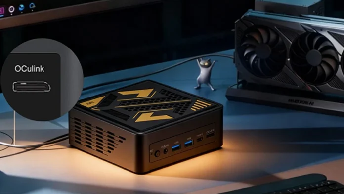 TOPC TA255 Mini PC on desk connected via OCuLink with external GPU and front I O ports visible
