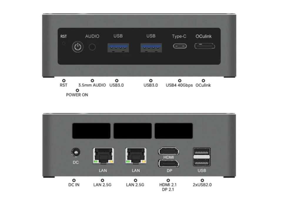 TOPC TA255 Mini PC showing labeled front and rear ports including USB Type-C HDMI LAN and OCuLink
