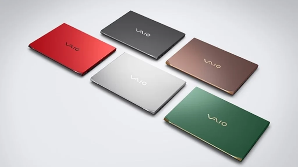 VAIO SX14-R VJS4R2 lineup showing multiple color options including red, black, silver, brown, and green variants with premium finishes