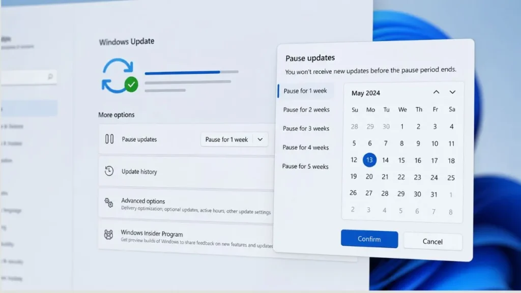 Windows 11 pause updates interface displaying calendar selector to choose update delay period with options from one to five weeks and confirmation dialog