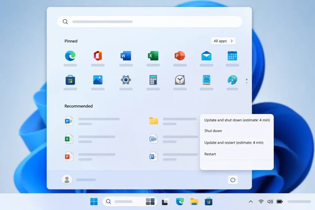 Windows 11 Start menu showing power options including update and shut down, update and restart, restart, and shutdown alongside pinned apps and recommended section