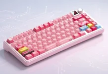 Xinmeng S75 Keyboard Launch with Up to 2400 Hours of Battery, Pro Model Adds 8kHz Xinmeng S75 keyboard featuring pink transparent keycaps with colorful accents on clean background