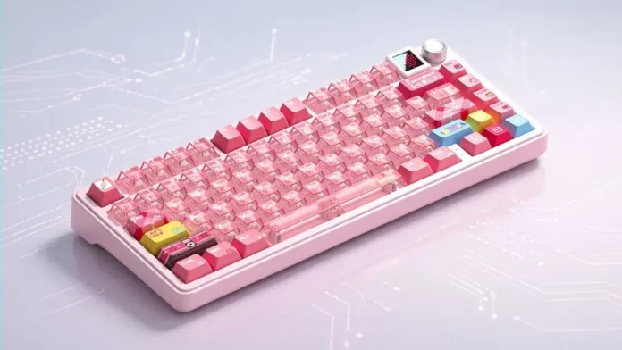 Xinmeng S75 keyboard featuring pink transparent keycaps with colorful accents on clean background