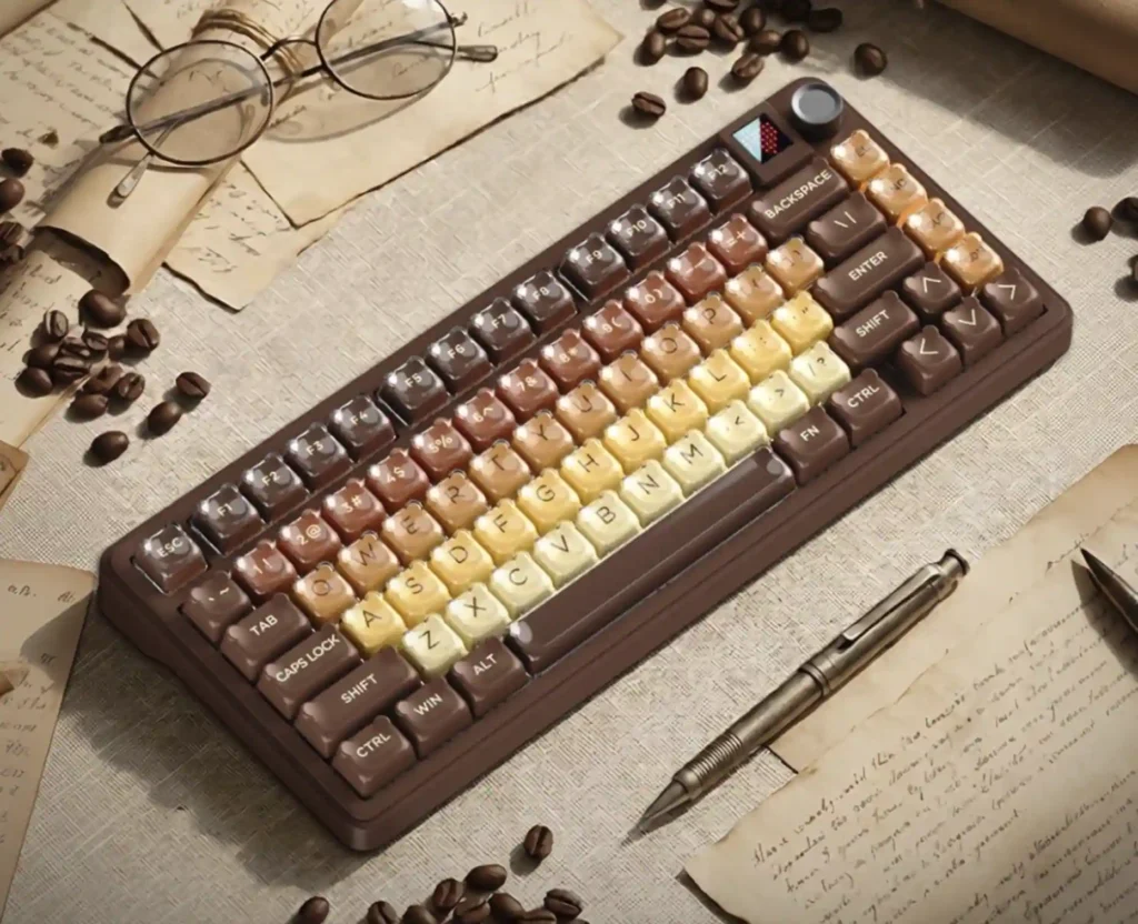 Xinmeng S75 keyboard with brown and beige keycaps placed in vintage style setup with coffee beans and papers