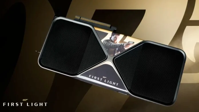 Custom 007 First Light themed graphics card with dual-fan design inspired by the James Bond game
