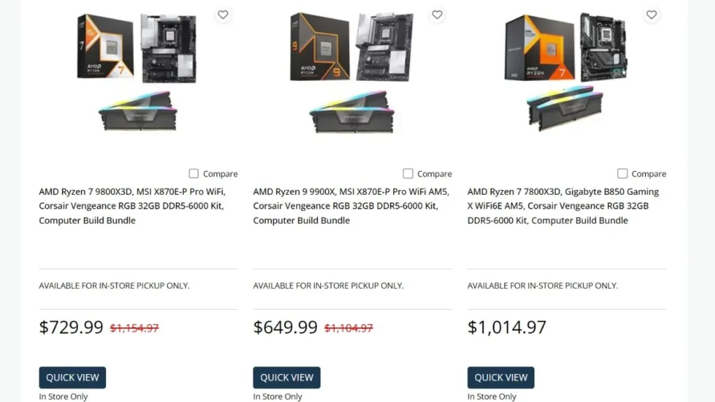 Micro Center's $499 Ryzen 7 9850X3D Combo Effectively Gives Away a Free B850 Motherboard 3 Micro Center listings for AMD Ryzen 9800X3D and Ryzen 9 9900X motherboard and DDR5 memory bundles