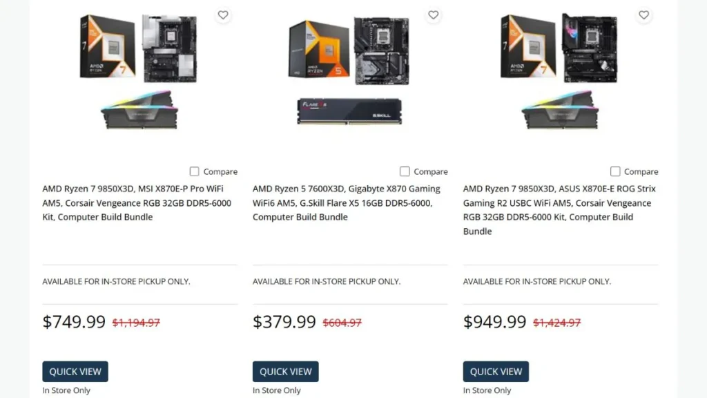 Micro Center's $499 Ryzen 7 9850X3D Combo Effectively Gives Away a Free B850 Motherboard 4 Micro Center listings showing Ryzen 7 9850X3D gaming bundles with ASUS and MSI AM5 motherboards and DDR5 RAM