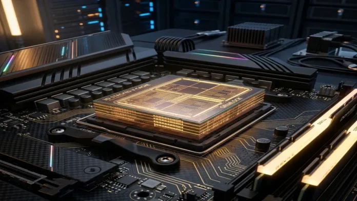 Concept render of AMD Zen 7 Grimlock processor with stacked 3D V-Cache on a motherboard