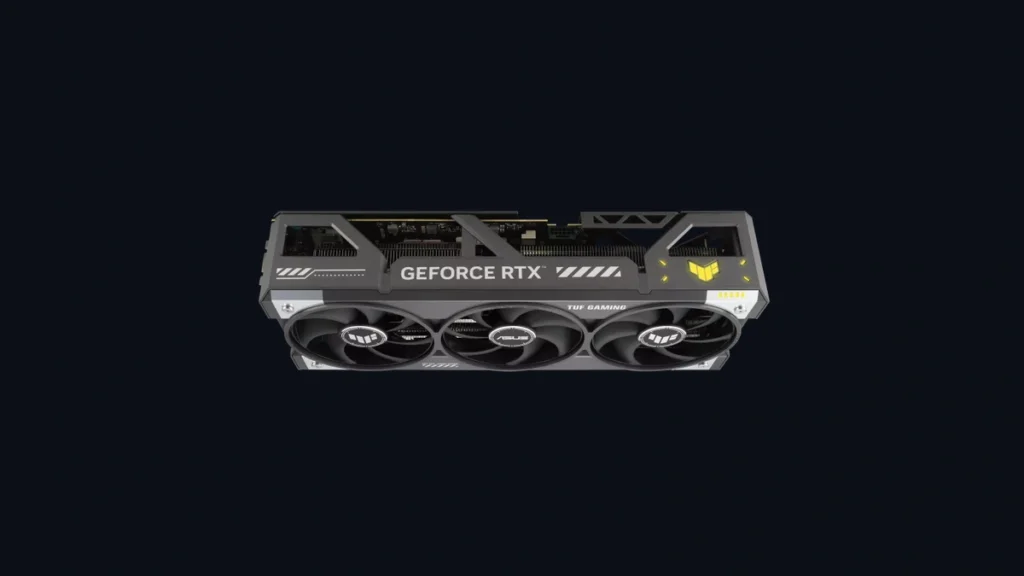 Top view of ASUS TUF Gaming RTX 5080 BTF graphics card featuring hidden GC-HPWR power connector support.