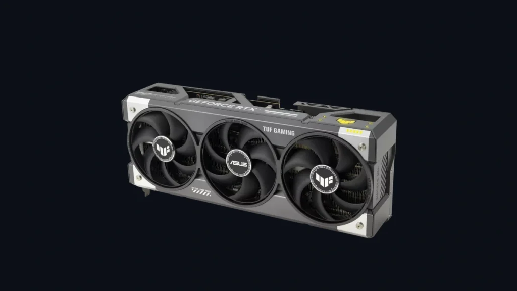 ASUS GeForce RTX 5080 TUF Gaming BTF OC graphics card shown from an angled perspective.