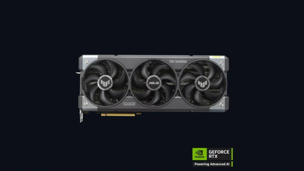 ASUS TUF Gaming GeForce RTX 5080 BTF graphics card with triple-fan cooler and hidden power connector design.