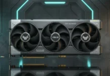 ASUS Adds RTX 5080 TUF BTF Cards with Hidden Power Connectors ASUS TUF Gaming GeForce RTX 5080 BTF graphics card featuring triple-fan cooling and hidden GC-HPWR power connector support.