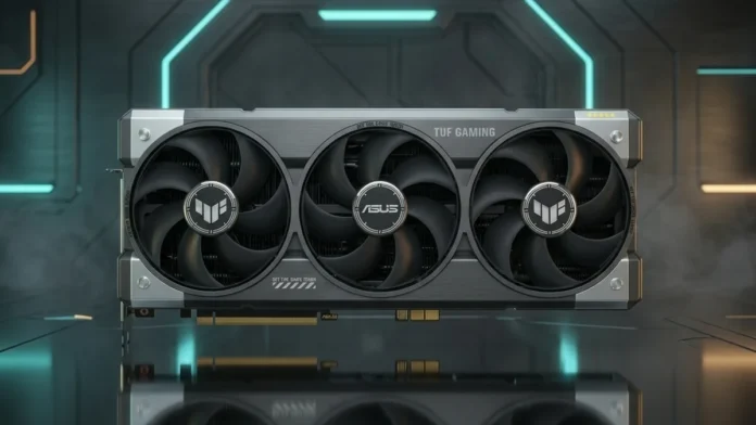 ASUS TUF Gaming GeForce RTX 5080 BTF graphics card featuring triple-fan cooling and hidden GC-HPWR power connector support.