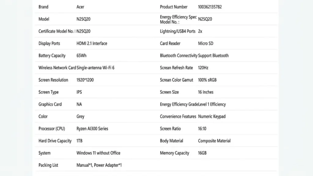 Specification sheet showing Acer Swift Go 16 Ryzen Edition display, battery, processor, memory, and connectivity details