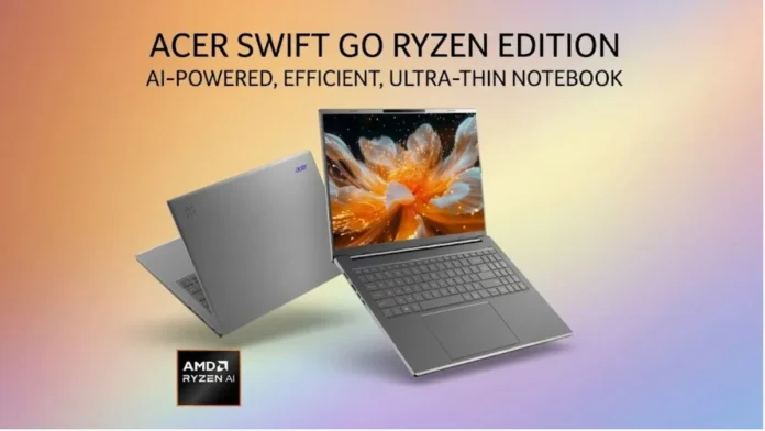 Acer Swift Go Ryzen Edition ultra-thin laptop with AMD Ryzen AI branding and 16-inch display