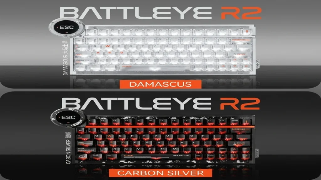 Angry Miao Battleye R2 keyboard shown in Carbon Silver and Damascus chassis variants
