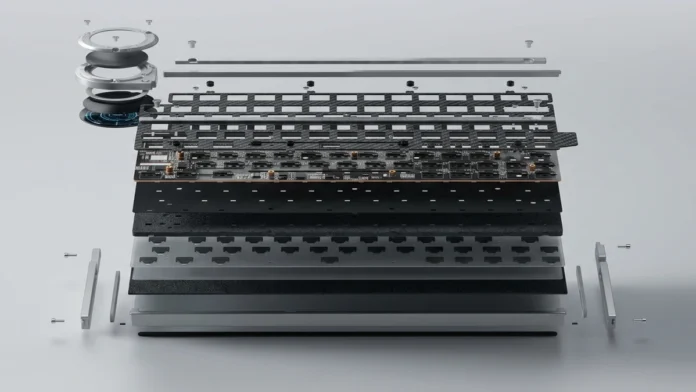 Exploded view of Angry Miao Battleye R2 keyboard showing carbon fiber plate and six-layer acoustic structure