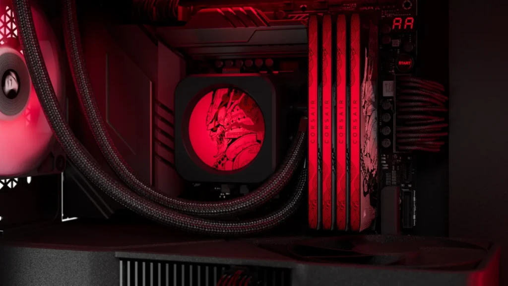 Corsair SHUGO DDR5 memory installed inside a custom gaming PC with red RGB lighting