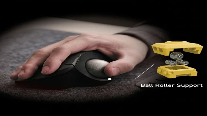 ELECOM IST PLUS Ball Roller Support System Demonstration ELECOM IST PLUS trackball mouse showing interchangeable ball roller support system for smoother movement