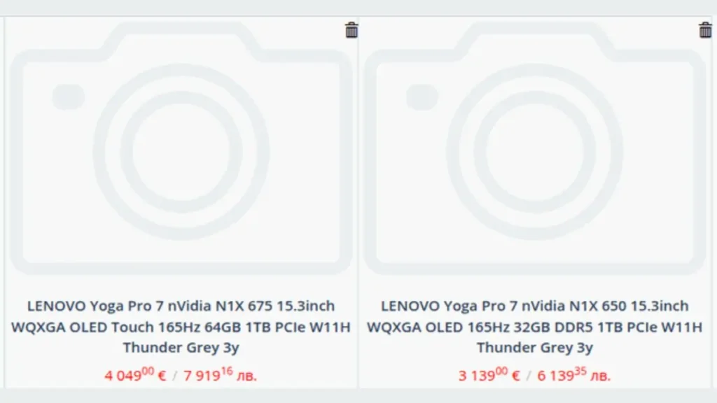 Nvidia N1X ARM Laptops Leaked: Lenovo Yoga Pro 7 to Feature 20-Core Blackwell Chip 1 Retailer listings showing Lenovo Yoga Pro 7 laptops with Nvidia N1X 650 and N1X 675 processors, OLED displays, memory configurations, and European pricing.