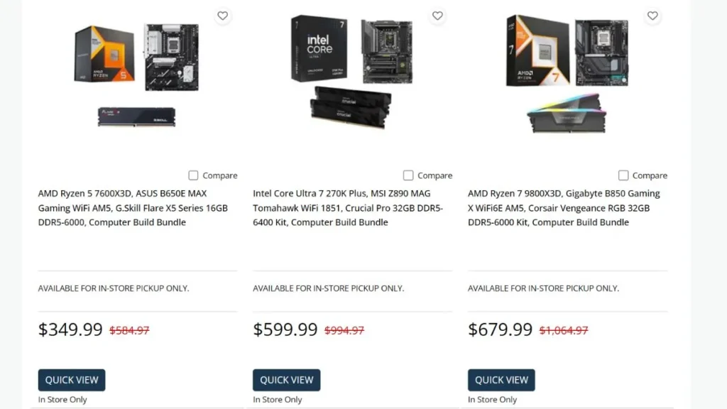 Micro Center's $499 Ryzen 7 9850X3D Combo Effectively Gives Away a Free B850 Motherboard 2 Micro Center product listings showing AMD Ryzen and Intel Core Ultra motherboard and DDR5 memory bundle deals