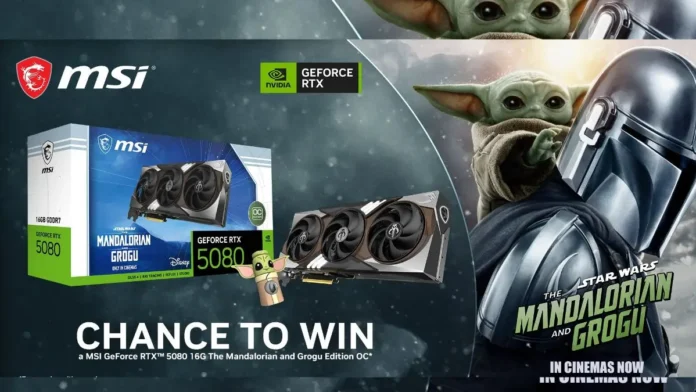 NVIDIA Gives Away Limited-Edition RTX 5080 The Mandalorian & Grogu Edition GPU MSI GeForce RTX 5080 The Mandalorian and Grogu Edition GPU with Star Wars themed packaging, Grogu figure, and Mandalorian promotional artwork.