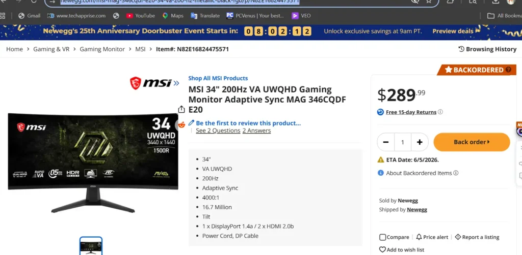 MSI MAG 346CQDF E20 Monitor Packs 200Hz Ultrawide Gaming and 400Hz Dual Mode for $289 3 Newegg currently lists the MAG 346CQDF E20