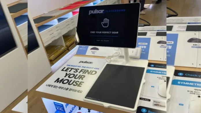 Pulsar Playground touchscreen kiosk helping customers find the ideal gaming mouse through AI hand scanning