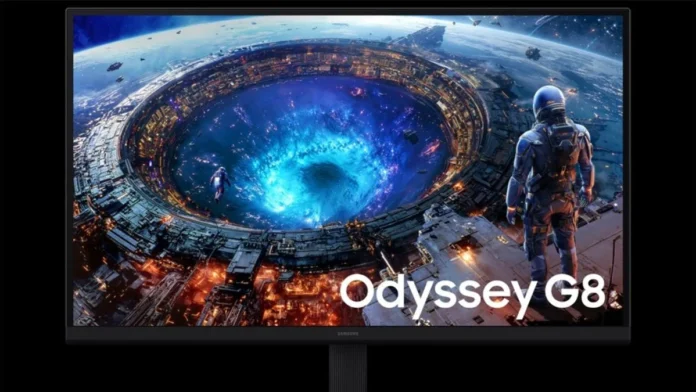 Samsung 2026 Odyssey Lineup 6K & OLED Monitors Revealed Samsung Odyssey OLED G7 gaming monitor with futuristic sci-fi artwork displayed on screen