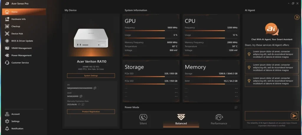 Acer Sense Pro dashboard showing system monitoring, AI agent tools, storage, memory, and performance controls