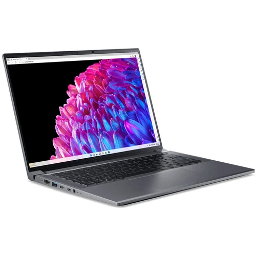 Acer Swift X 14 laptop in angled position showing OLED screen and keyboard layout