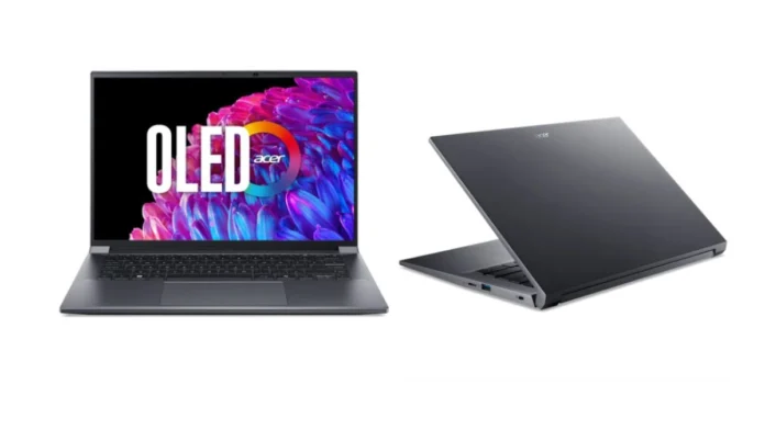 Acer Swift X 14 laptop showing front OLED display and rear lid design in open and closed views