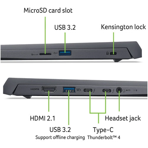 Acer Swift X 14 side view showing HDMI 2.1, USB 3.2, Thunderbolt 4 Type-C, and microSD slot